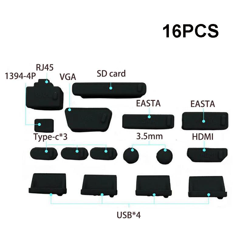 

1set/16pcs Silicone Notebook Anti Dust Plug Cover Stopper Type C Laptop Dustproof USB Port HDMI RJ45 Interface Waterproof Cover