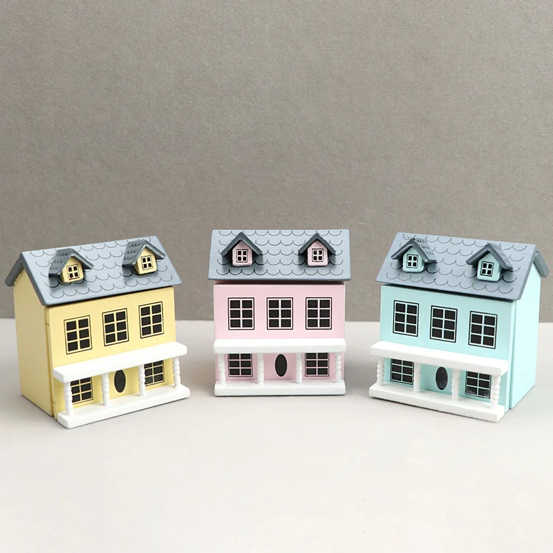 

Dollhouse Miniature Villa – Pink Wall & Gray Roof with Mini Furniture, Cute Tiny Playhouse for Dolls