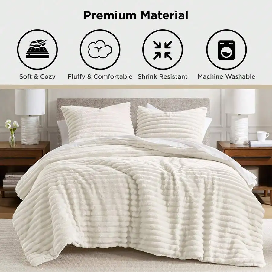 Fluffy Ribbed 2/3 Pieces Cord-Textured Bedding Comforter Set,Plush 300 Gsm Fabric For Weighty Durability And Softness Comforter