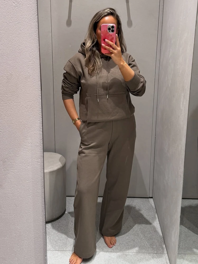 

HH Women Autumn Long Sleeves Pocket Hooded Sweatshirt+Elastic Waist Side Pocket Casual Trousers Fashion 2-Piece Set 3 Colors