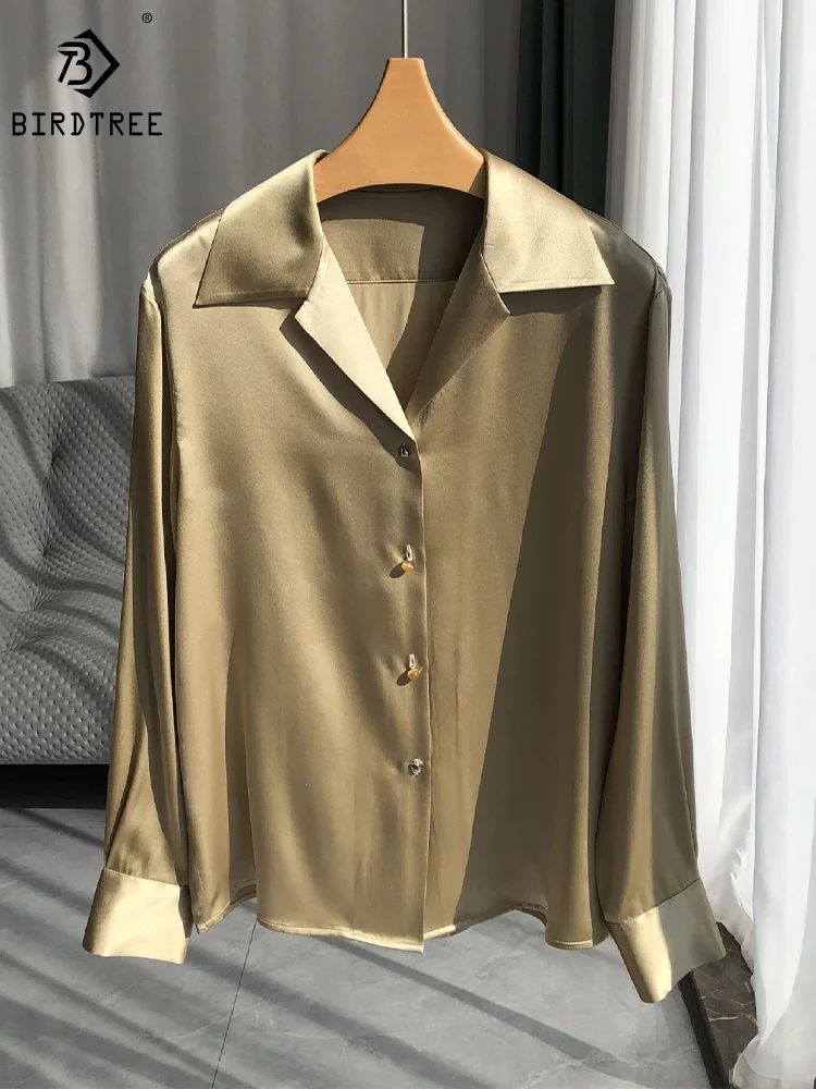 

BirdTree, Women Solid Shirts, 19MM 100%Real Silk, Notched Collar, Elegant Blouses, 2024 Spring Summer Office Lady Top T42937QM