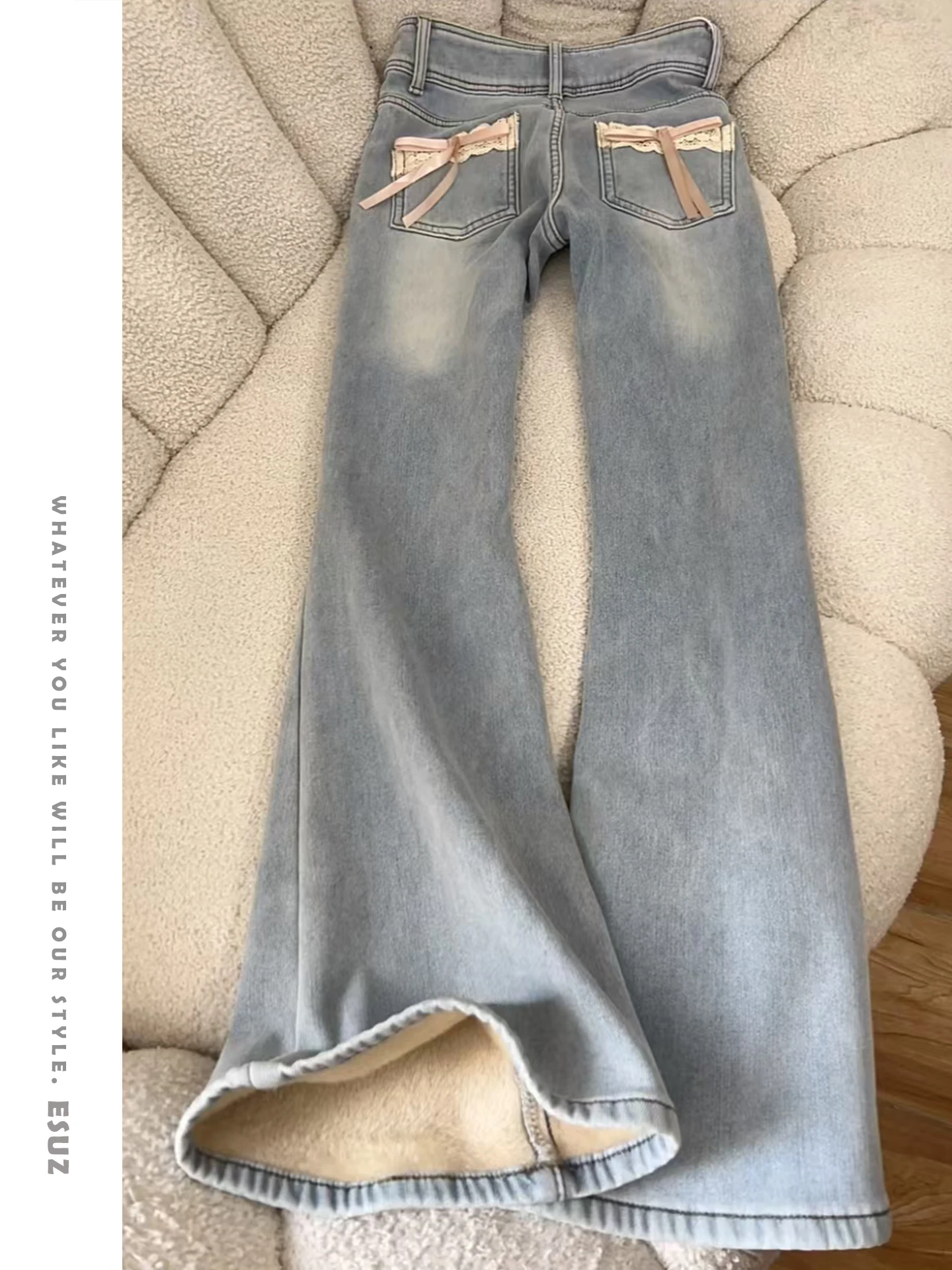 

Offcat Light Blue Bell Bottom Denim Jeans Women's Autumn Winter Fleece High Waist Slim Fit Elastic Knot Jeans