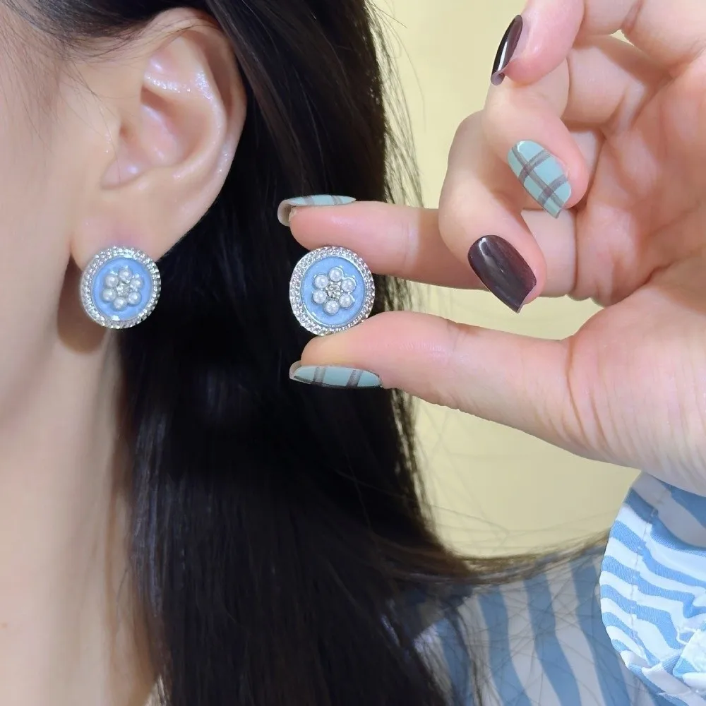 Minimalist Silver Needle Earrings Elegant Retro Style Blue Oil Stud Earrings Light Luxury Fresh Design C Shaped Earrings