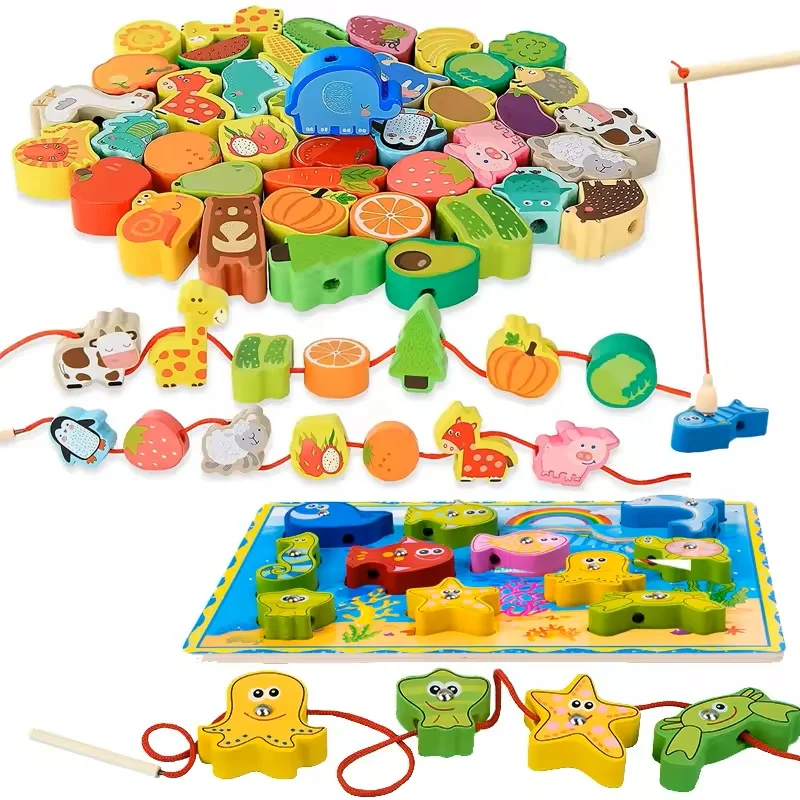 Monterssori Baby DIY Wooden Toys Cartoon Fruit Animal Stringing Threading Wooden Beads Educational Toys for Kids Christmas Gift