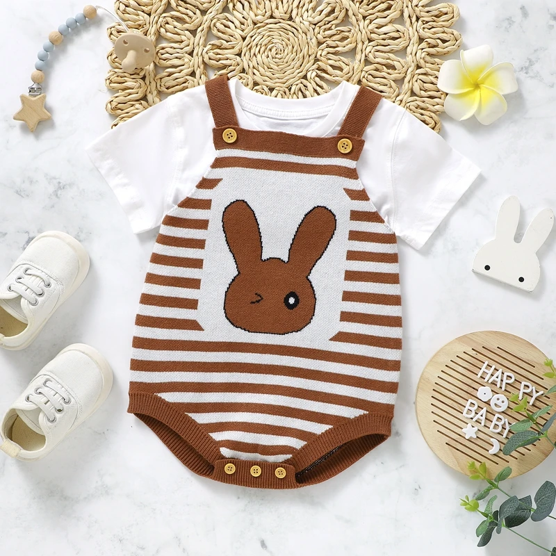 

Easter Baby Knitted Romper Newborn Boy Girl Summer Overalls Bunny Stripe Print Sleeveless Jumpsuit Infant Clothes