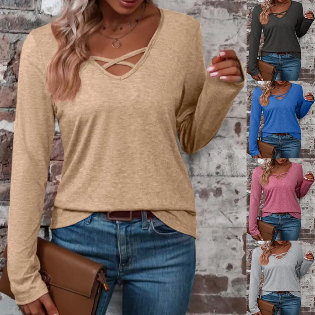 

Женская хлопковая футболка с v-образным вырезом и длинными рукавами, однотонная, повседневная, простая, на осень-зиму, европейско-американская мода