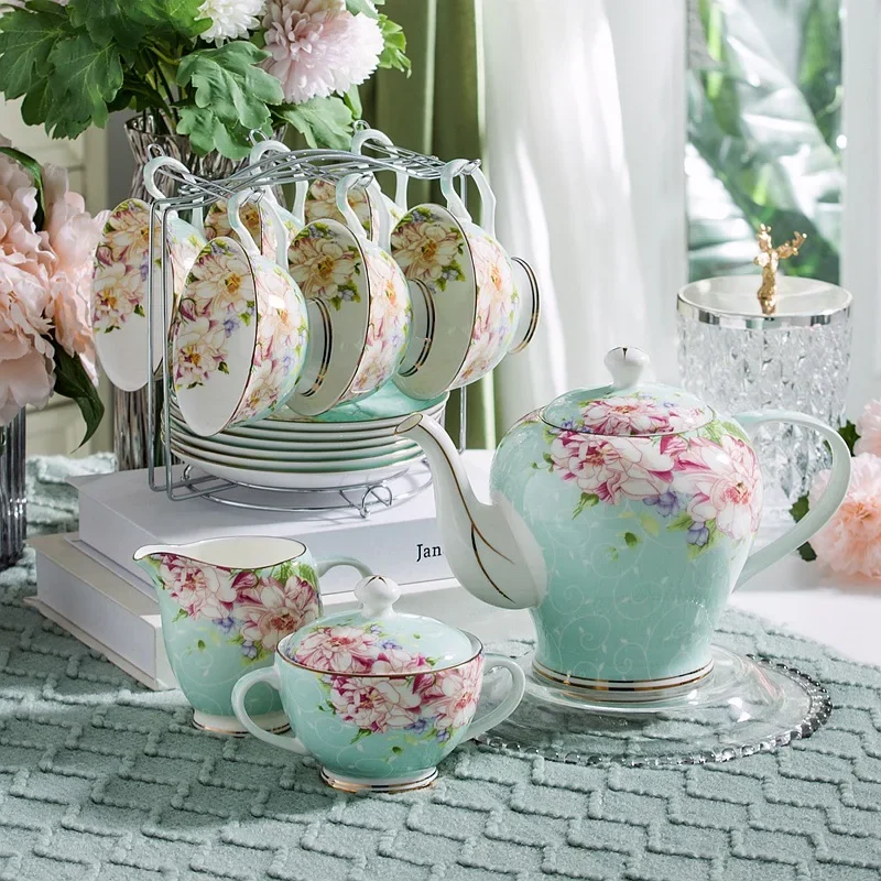 Pink Blue Flower Bone china Coffee Cup Set Porcelain Tea Cup Set Ceramic Pot Mug Sugar Bowl Creamer Teapot Milk Jug Teaset