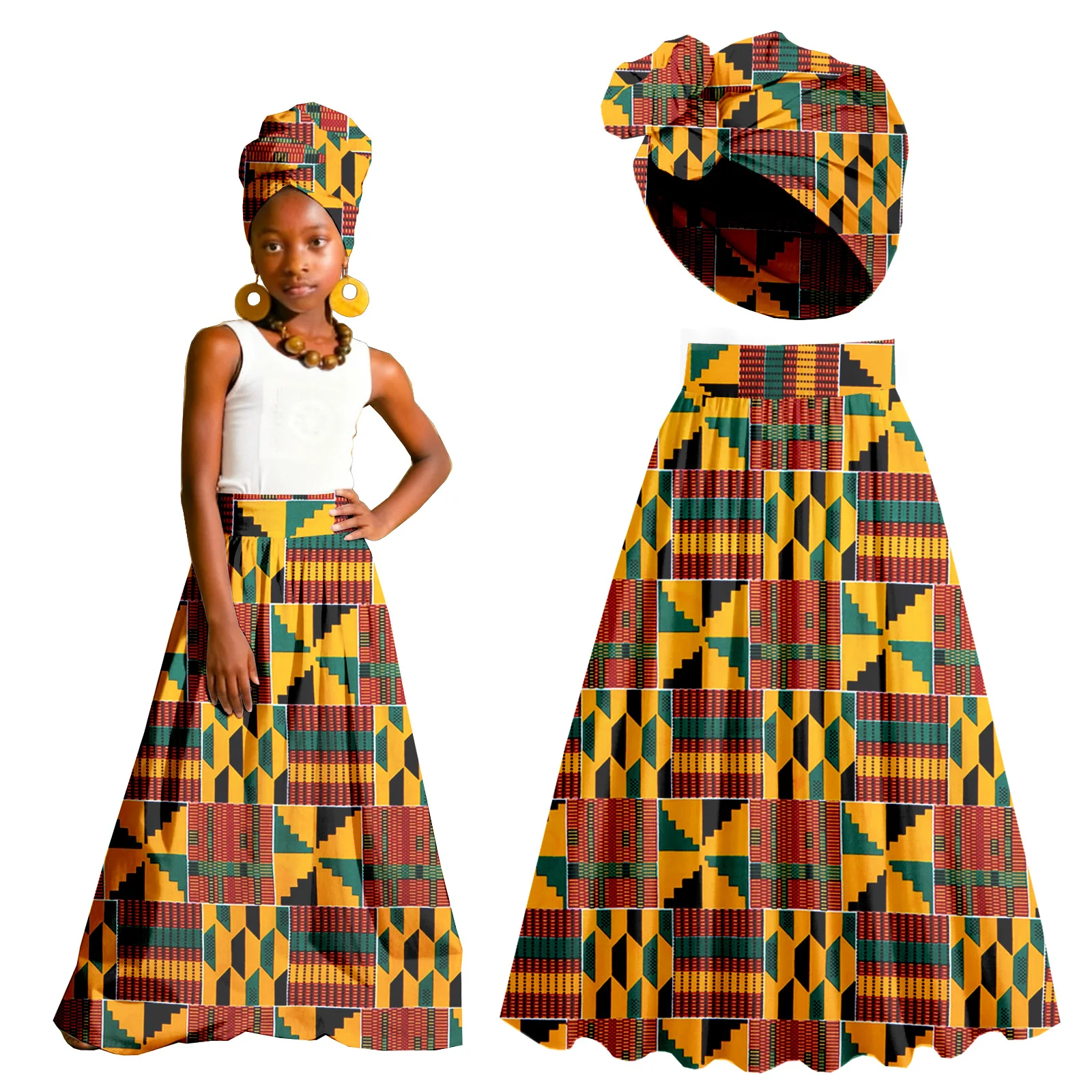 تنانير Bayby Girl ملابس أفريقية مطبوعة فستان ماكسي Dashiki Anakra ملابس للأطفال مع غطاء للرأس