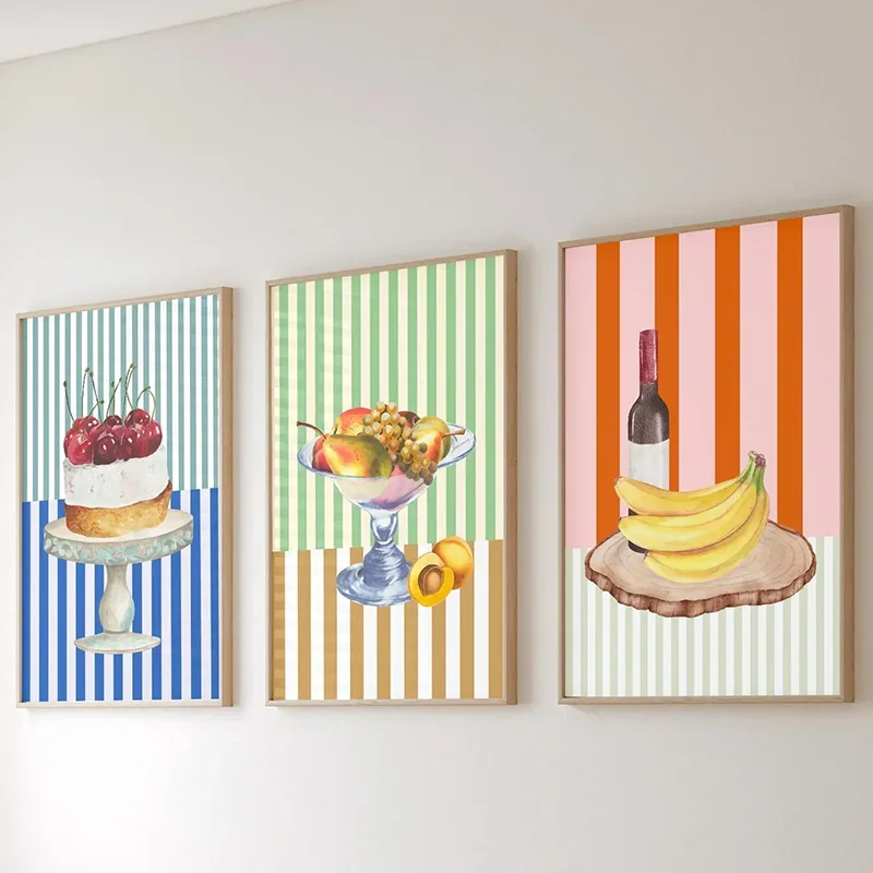 Multiple sizes 3pcs frameless Canvas Painting 3PCS Striped Wall Art  Bundle Cake & Fruit Poster  Girly Kitchen Wine Cherry Galle