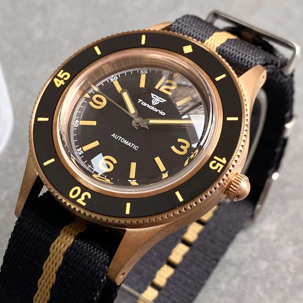 Tandorio Vintage CUSN8 Real Bronze Mechanical Men Watch NH35 PT Dome Sapphire Glass 120 Clicks Bezel 40MM Diving Watch Relojes