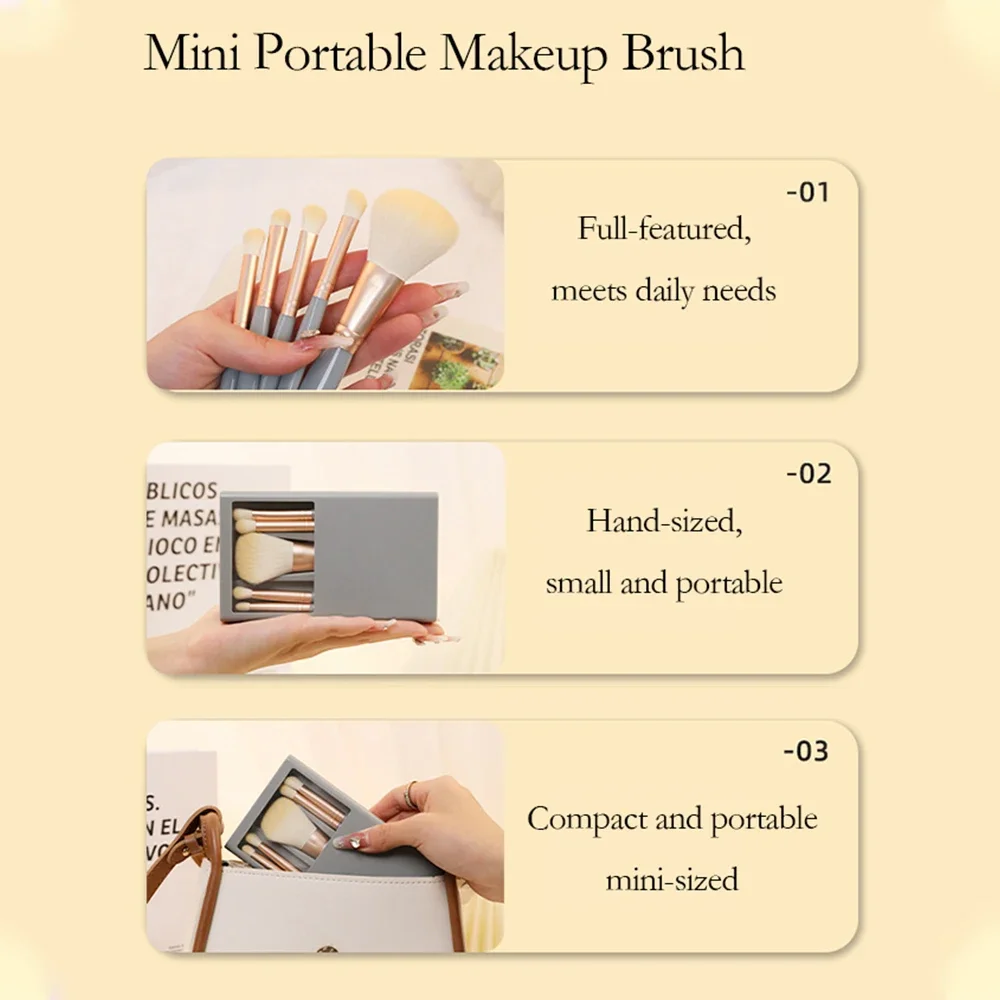 Portable Makeup Brush Set with Mirror for Travel - Lip Highlight, Eyeshadow and Foundation Powder Blending Cosmetic Tools