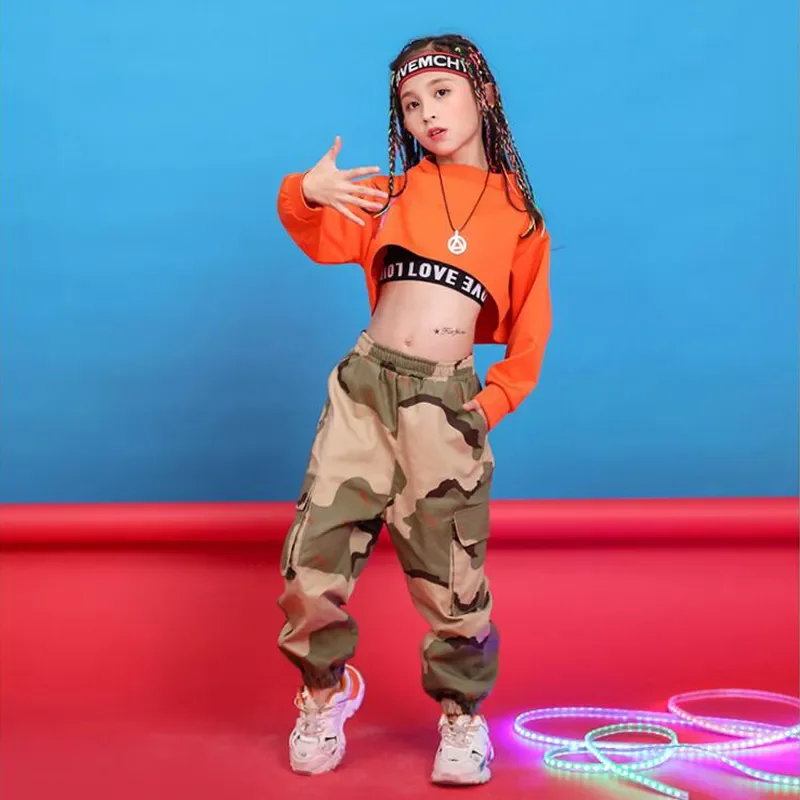 Dance Costume Wear Ballroom Dancing Clothes Children Hip Hop Clothing Sweatshirt Top Crop Running Casual Pants for Girl Kid Jazz