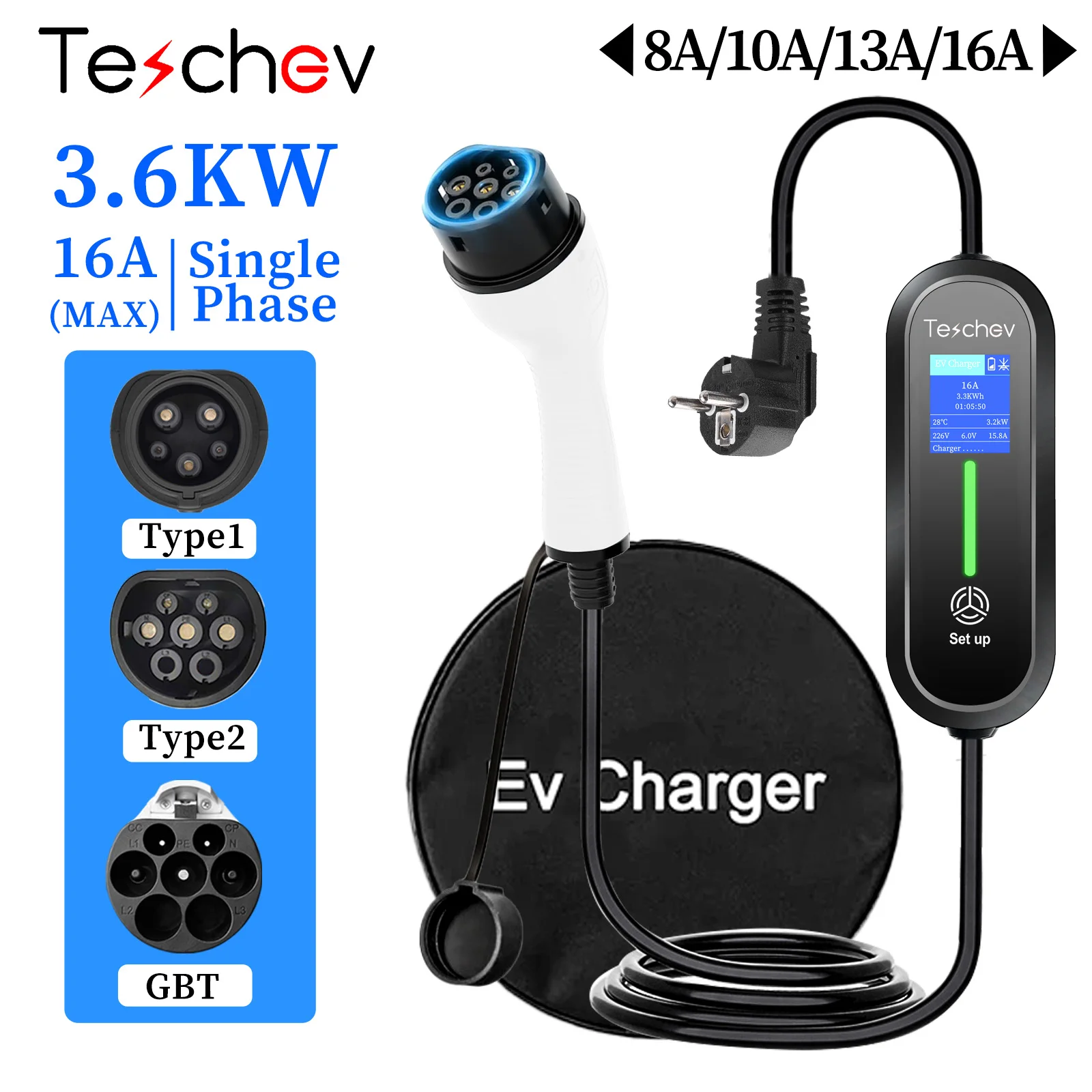 Teschev 3600W Type2 IEC62196-2 Portable EV Charger Type1 SAE J1772 Electric Car Charger GBT EVSE Charging Cable Wallbox EU Plug