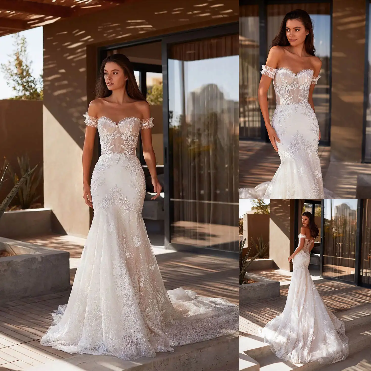 

Illusion Mermaid Wedding Dress Strapless Off Shoulder Appliques Sleeveless Bridal Gowns Prom Dresses Vestido de novia Customized