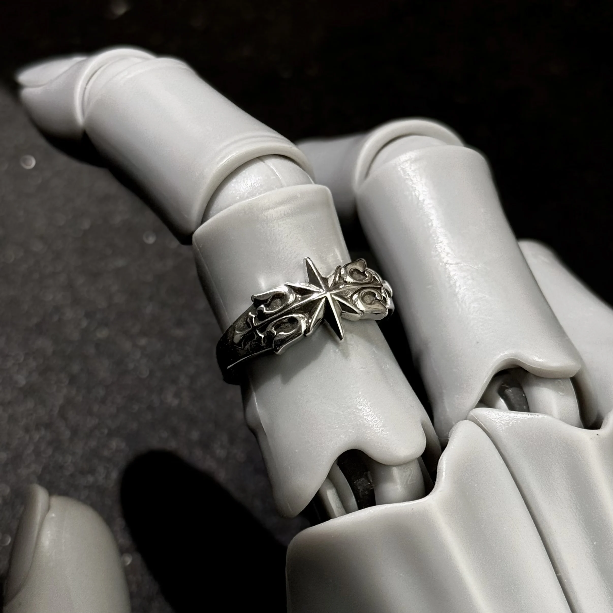 Retro Hexagramm Sechszackiger Stern Verstellbarer Offener Ring für Männer Versilbertes Messing Punk Gothic Edgy Schmuck Unisex Accessoires Geschenk – Detail 7