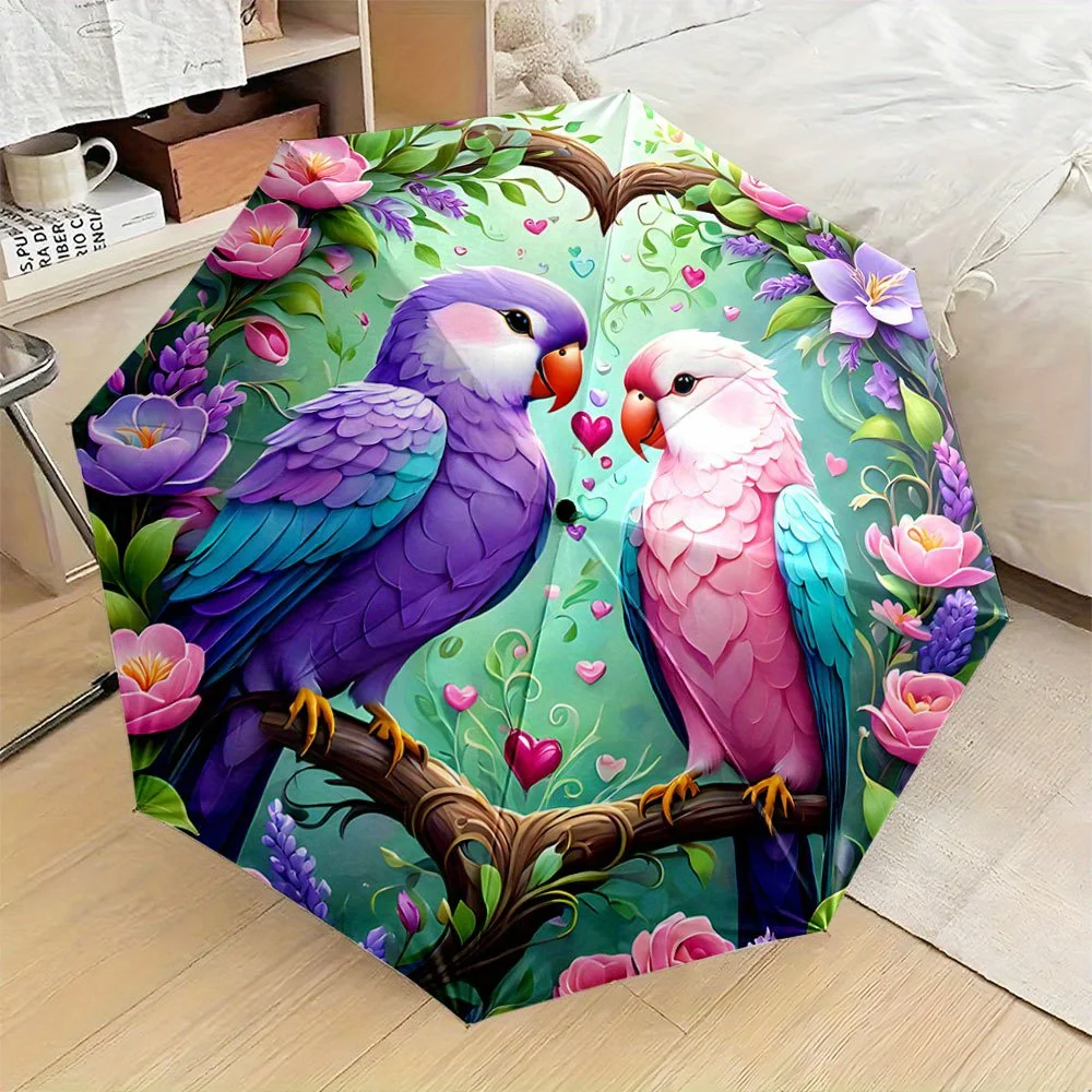 

Compact Folding Umbrella Featuring Two Vibrant Lovebirds Perched on a Branch Adorned with Flowers And Hearts. A Convenient Col