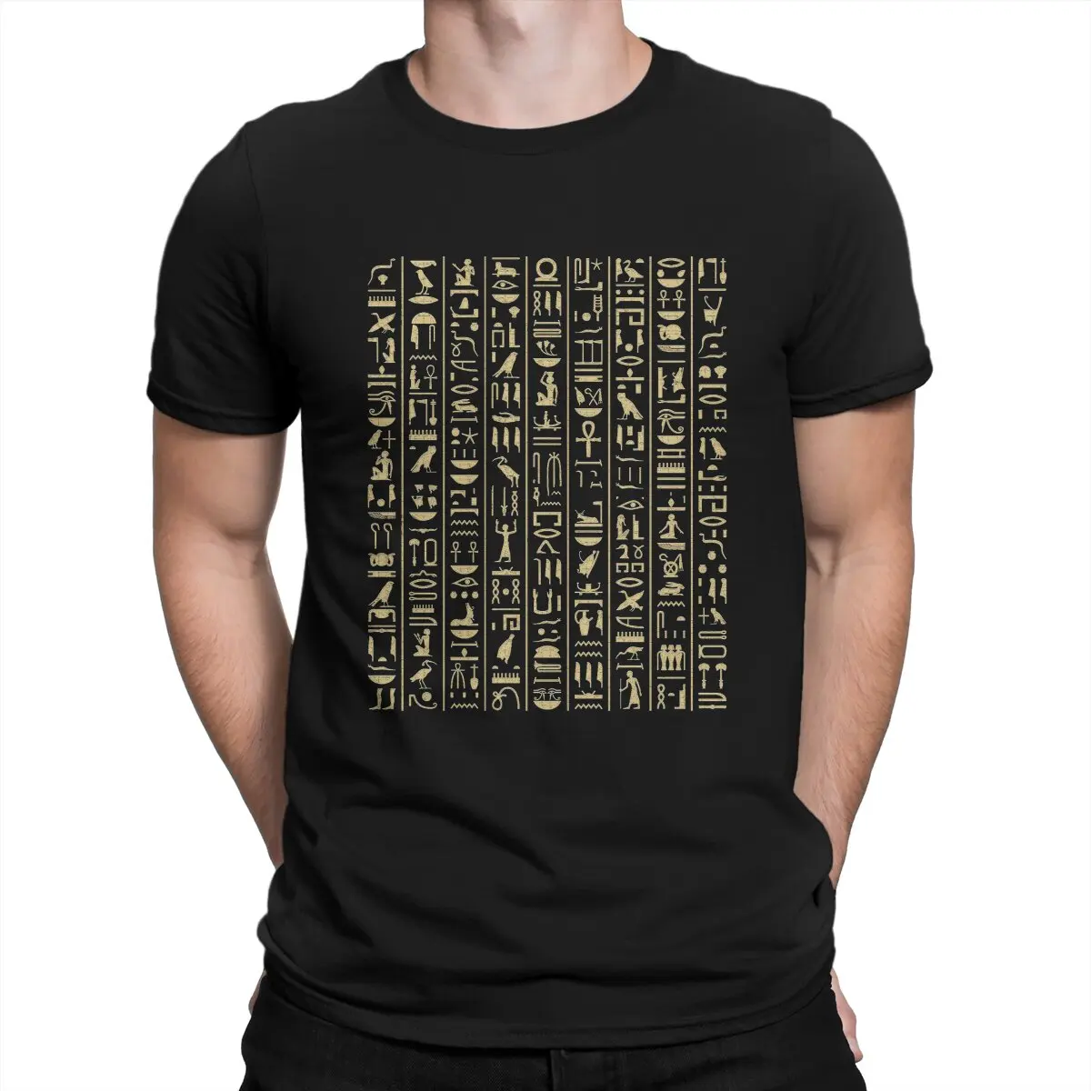 Magic Egyptian Ancient Egypt Culture Creative TShirt for Men Black & Gold Hieroglyphics  Round Neck Pure Cotton T Shirt