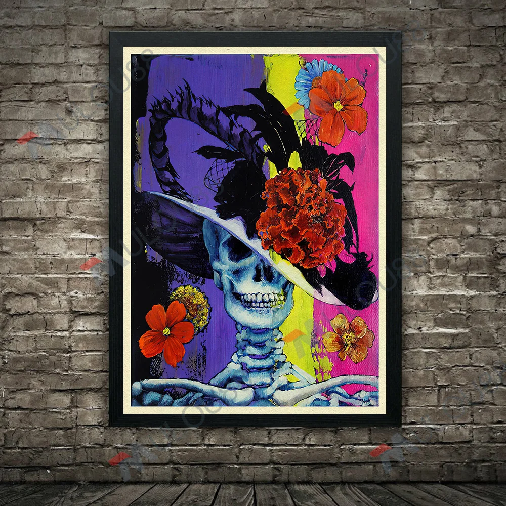 Skull With Gentleman Hat And Hellfire Vintage Wall Art Canvas Painting,Surreal Fantasy Skull Art Poster Print Home Decoration