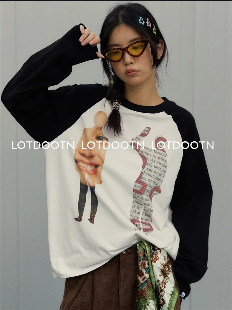 LOTDOOTN Unisex Vintage Women Clothes Y2K T-shirts O-neck Long Sleeve Print Grunge 100% Cotton Clothing Fashion Casual T Shirts