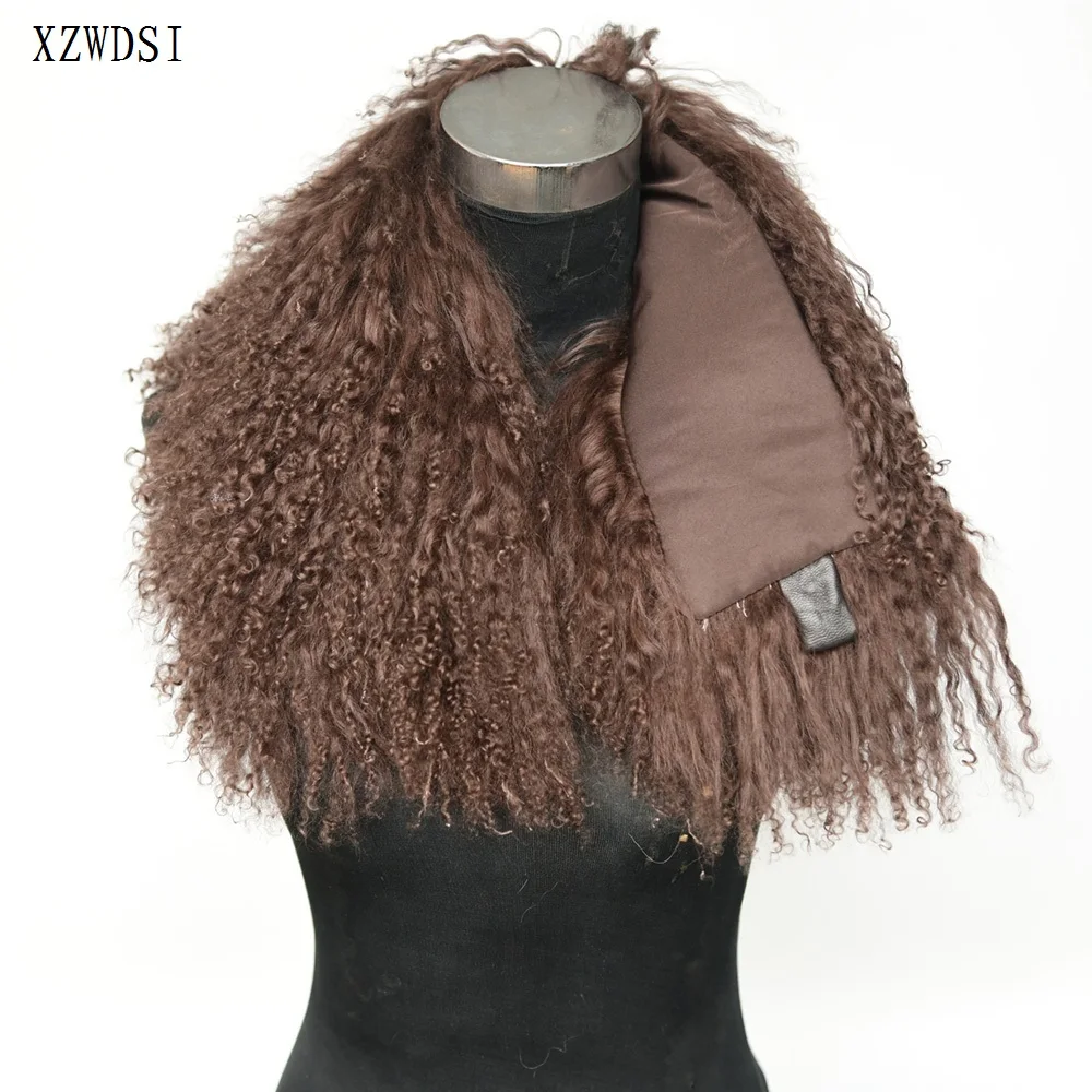 Curly Genuine Mongolian Lamb Fur Scarf Collar with Magnetic Buckle for Women Accessory