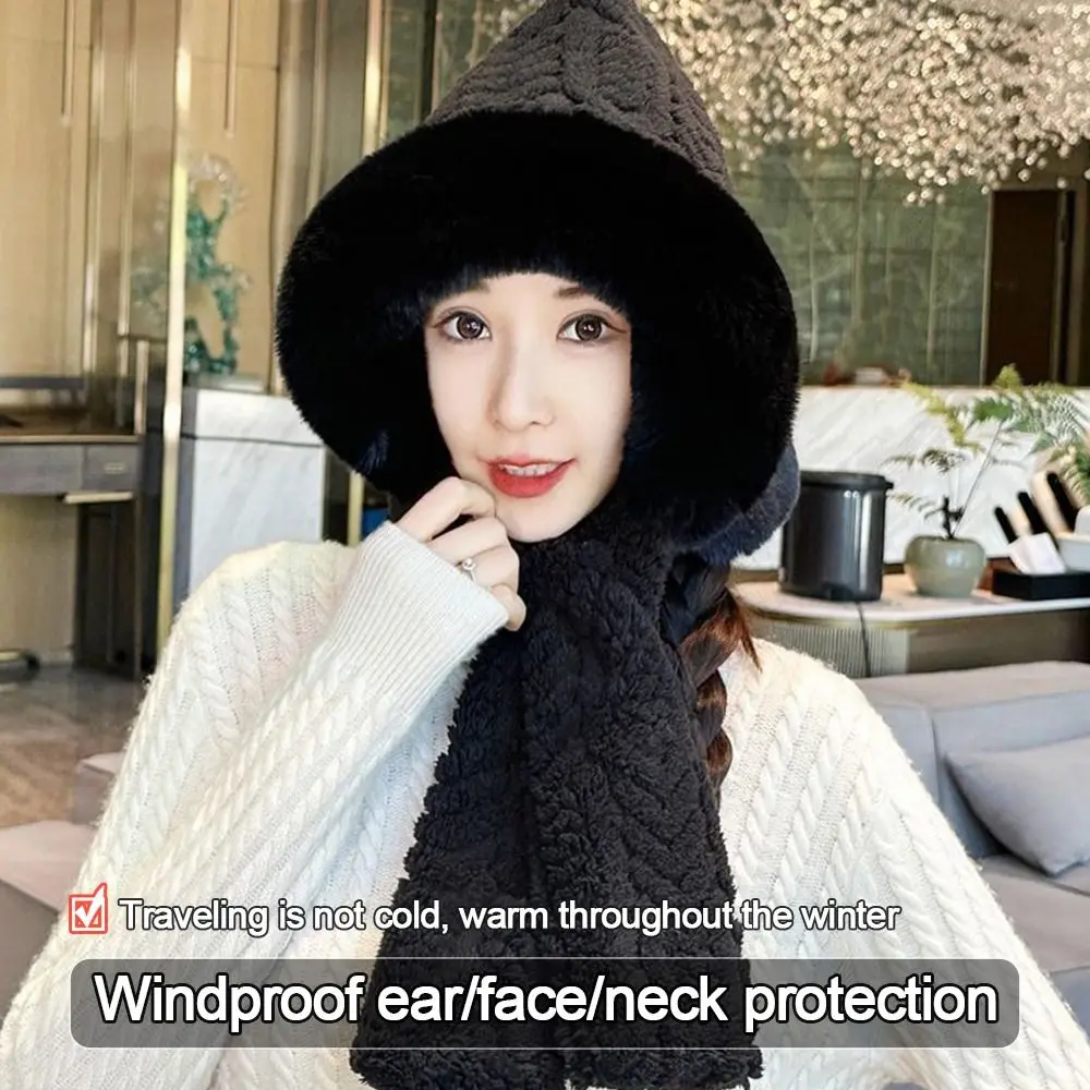 

Fashion Plush Winter Integrated Cap Scarf Windproof Thickened Beanie Hat Scarf Soft Warm Neck Warmer for Women