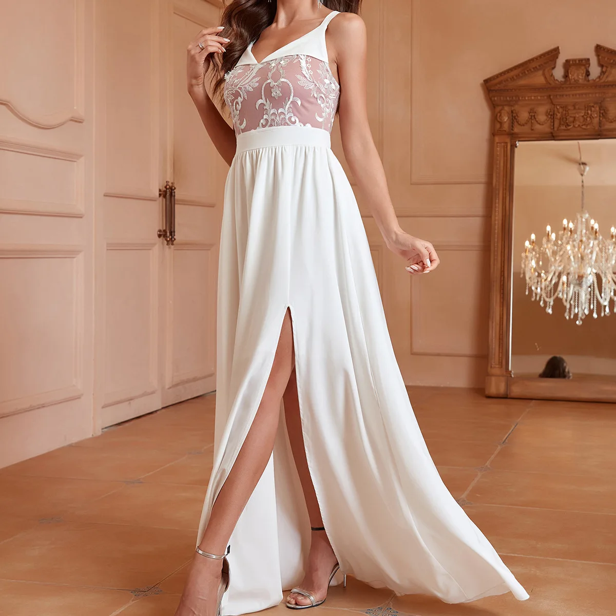 

Women's Solid Color Backless Long Skirt, Lace White Sexy Slit Dress 2025 Summer Dress Robe Vestido Women Elegant