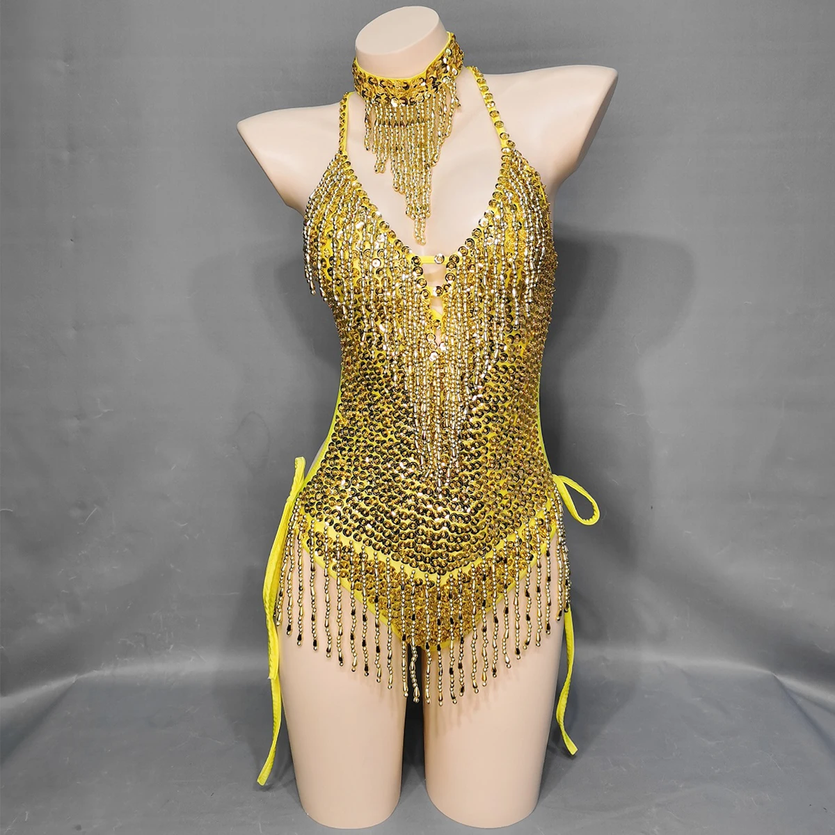 Sexy Tassel Backless Sequin Party Bodysuit Women Bodycon Romper Beading Sequin Stage Performance Beachwear One-Piece Bodysuit