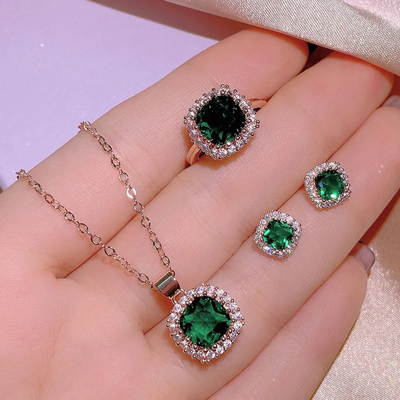 

Rose Gold Color Color Classic Dazzling 6 Claws Zircon Emerald Necklace+Earrings+Ring Jewelry Sets For Women Wedding Jewelry