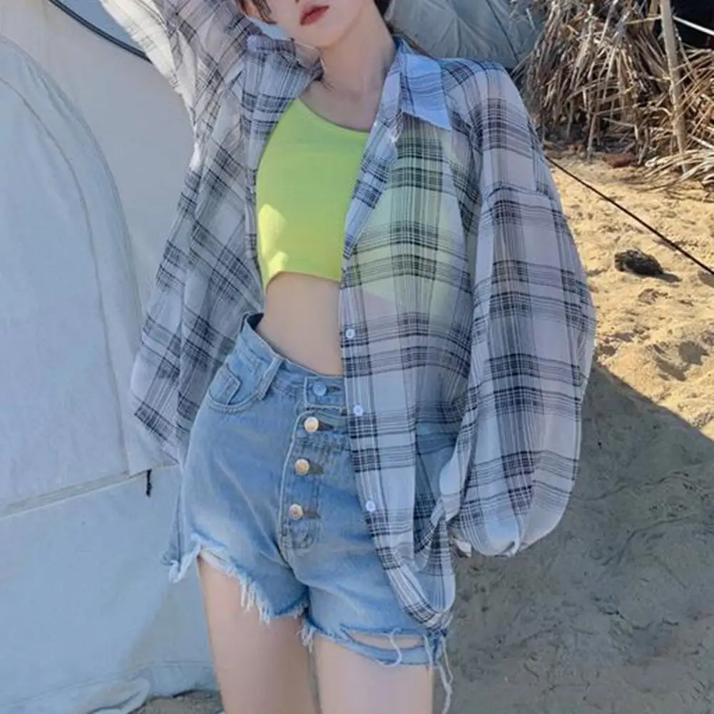 

Long-sleeve Shirt Plaid Print Lapel Women's Shirt Stylish Single Breasted Long Sleeve Top for Daily Wear with Sun Protection