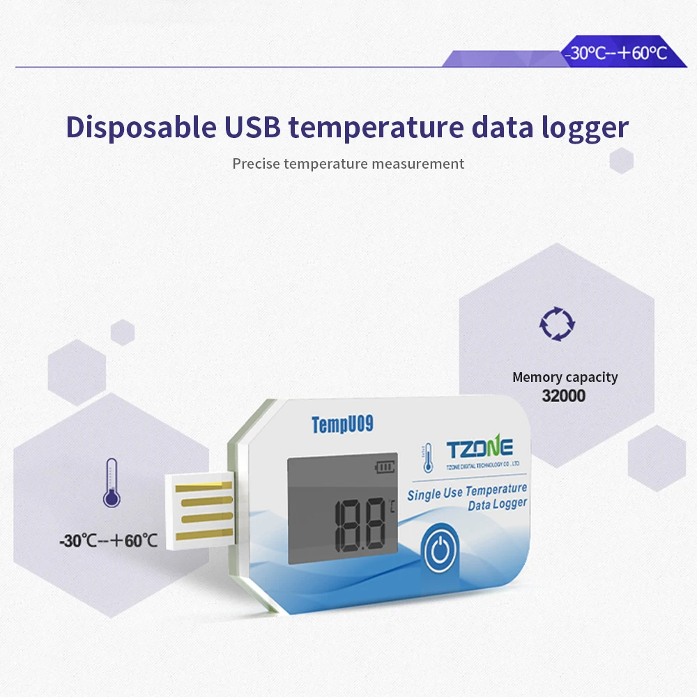Disposable TempU09 Temperature Data Logger 32000 Points USB Temperature Recorder PDF Report Temp Monitor for Warehouse Storage