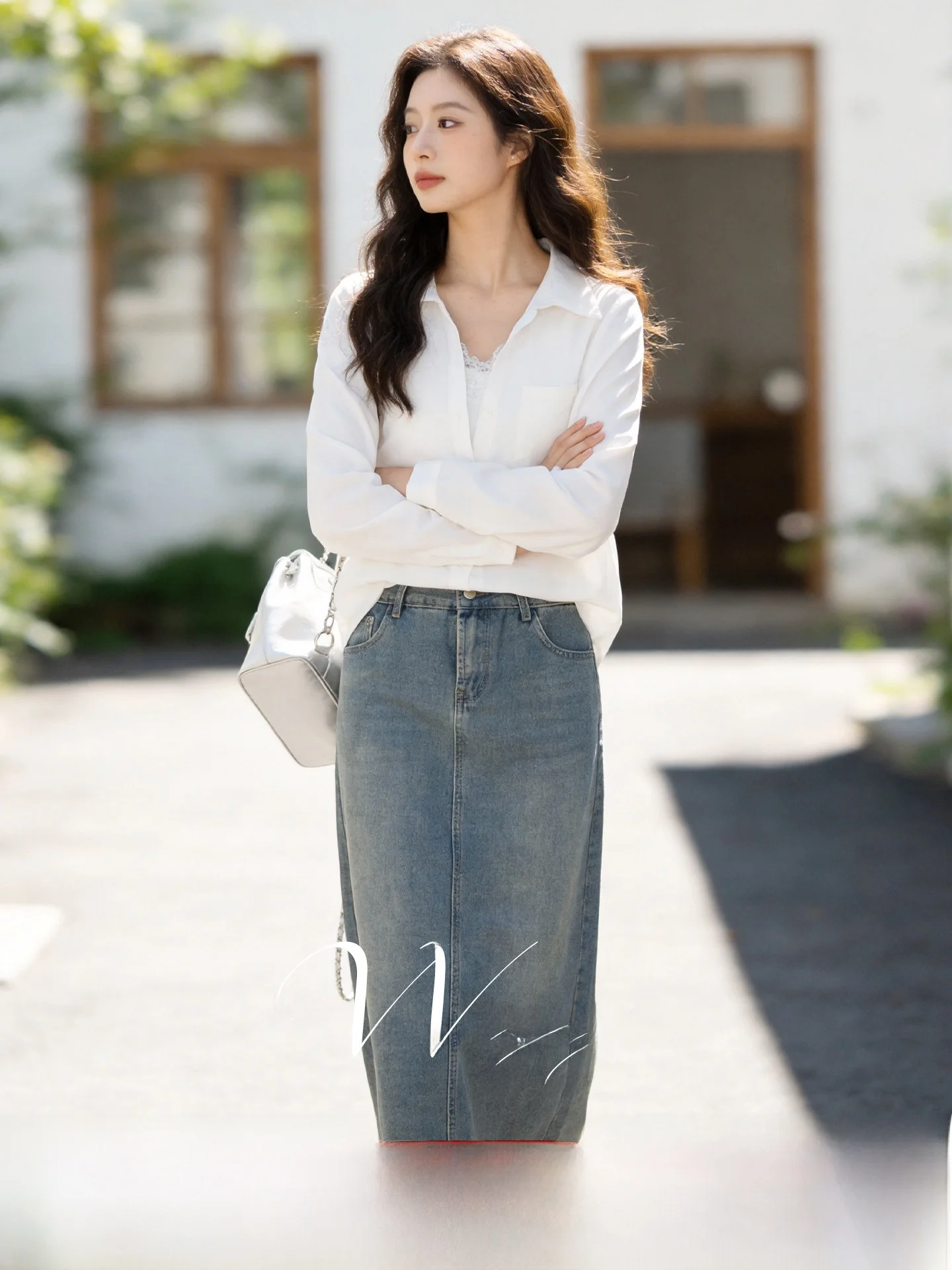 

Casual Spring Outfit Women's plus Size Denim irt And Skirt Set Commute Sle Long Sve Polyester Fiber A-Line Skirt