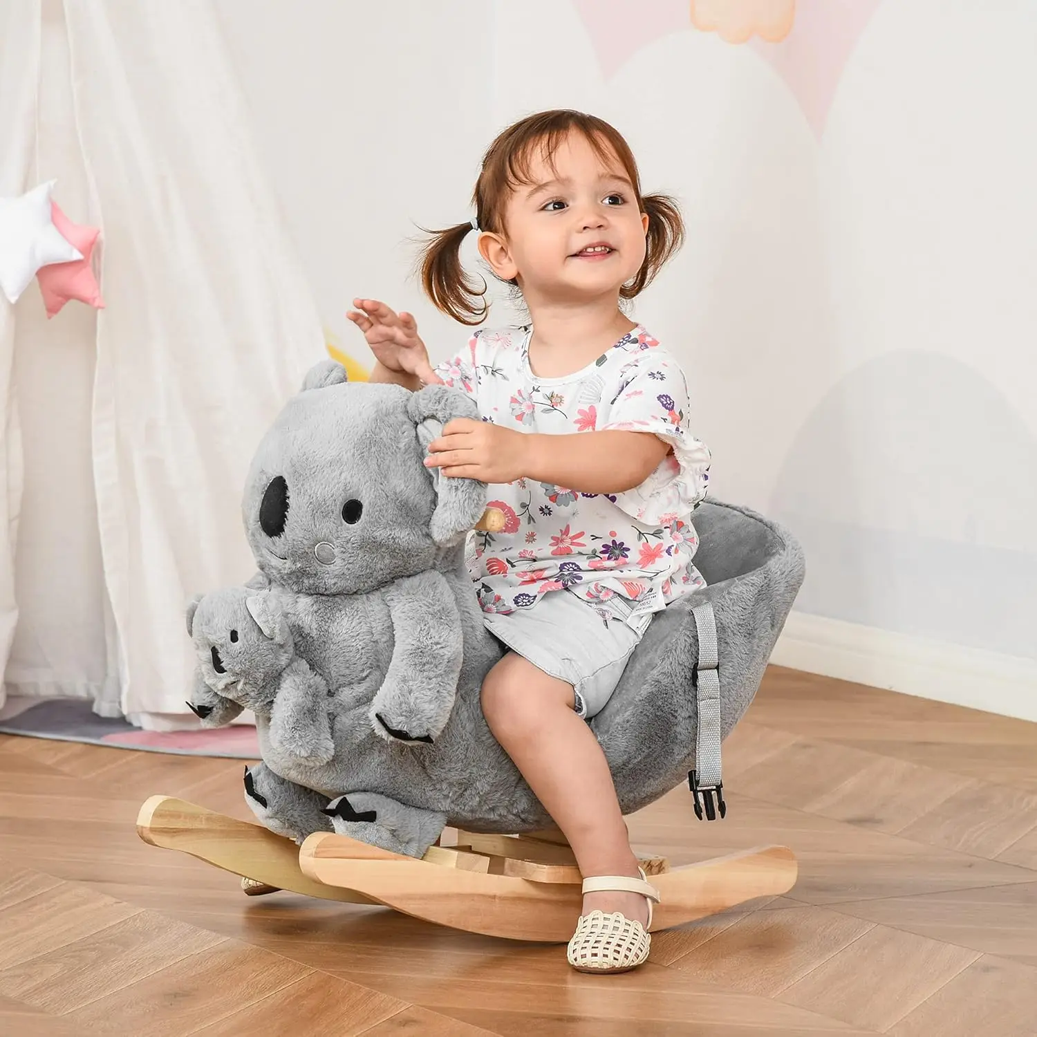 Kids Ride-On Rocking Horse, Koala-Shaped Rocker with Realistic Sounds for Children 18-36 Months, Gray