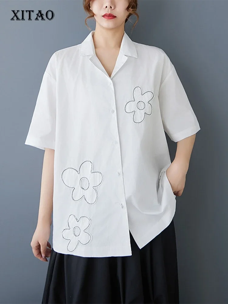 

XITAO Vintage Flower Shirt Solid Color Single Breasted Women Turn-down Collar Loose All-match Casual Temperament Top GYX1643