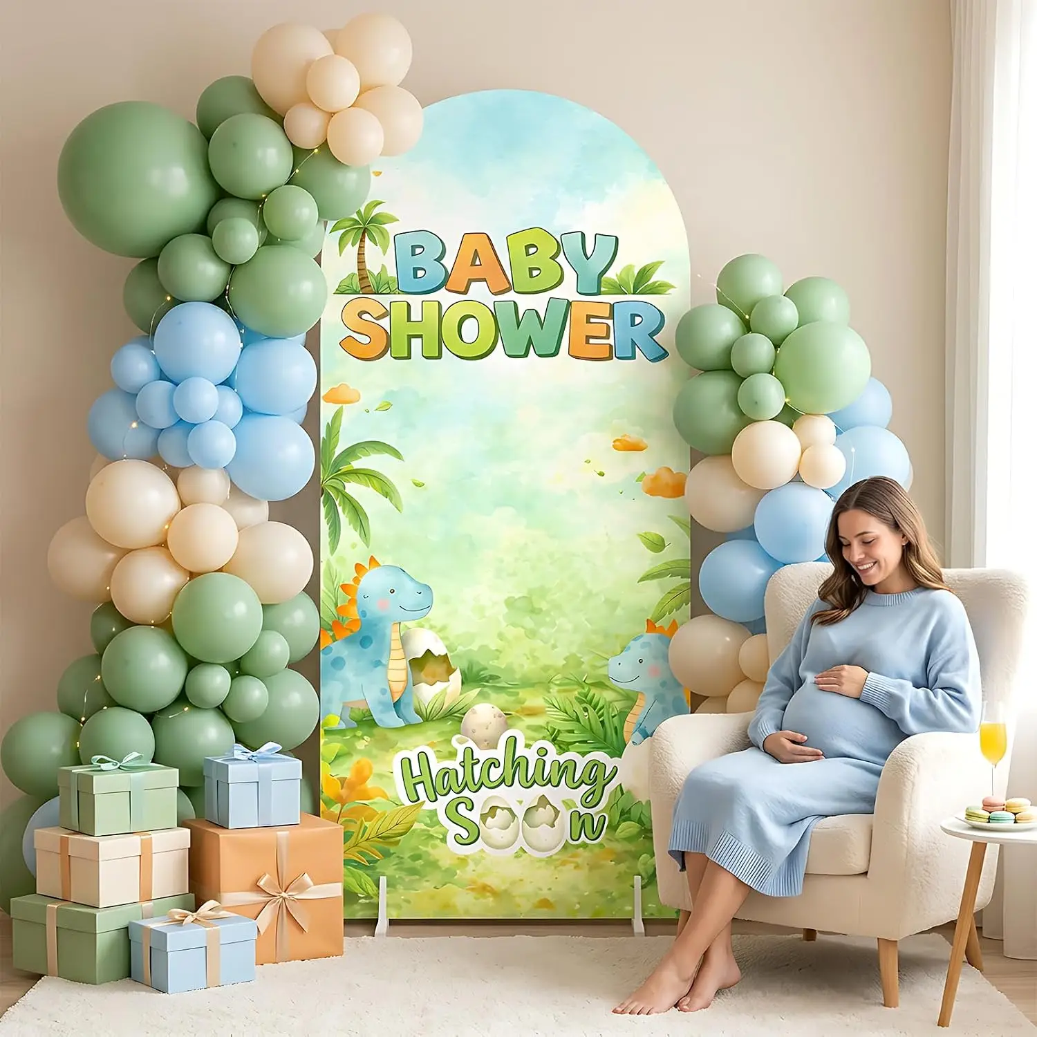 Custom 2-sided Dinosaur Baby Shower Arch Backdrop Cover Hatching Soon Wild Forest Background Dino Gender Reveal Party Supplies
