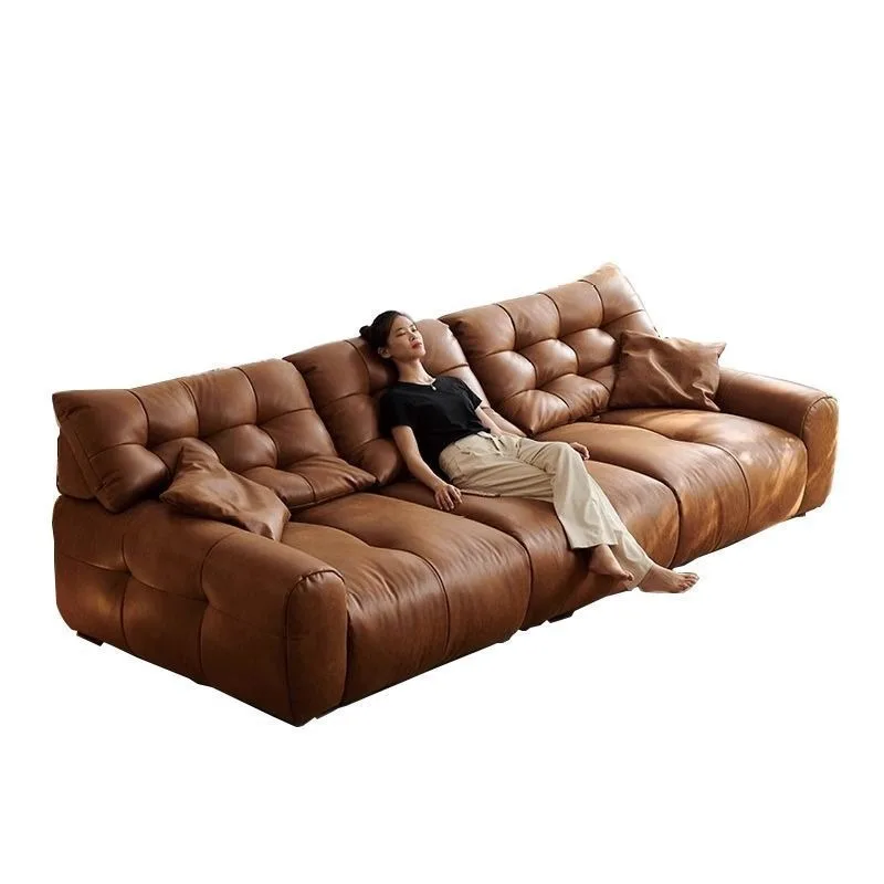 Italian minimalist black bear oil wax all leather sofa living room French retro style modern simplicity