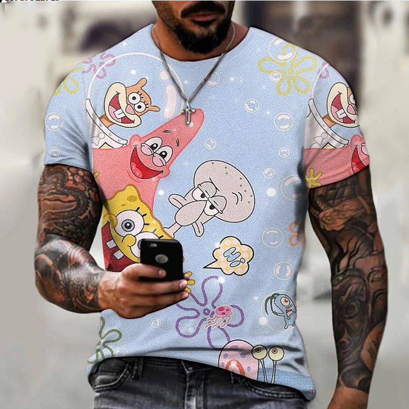 SpongeBob cartoon print children\'s T-shirt 2024 summer new Harajuku trendy brand all-match men\'s round neck casual T-shirt