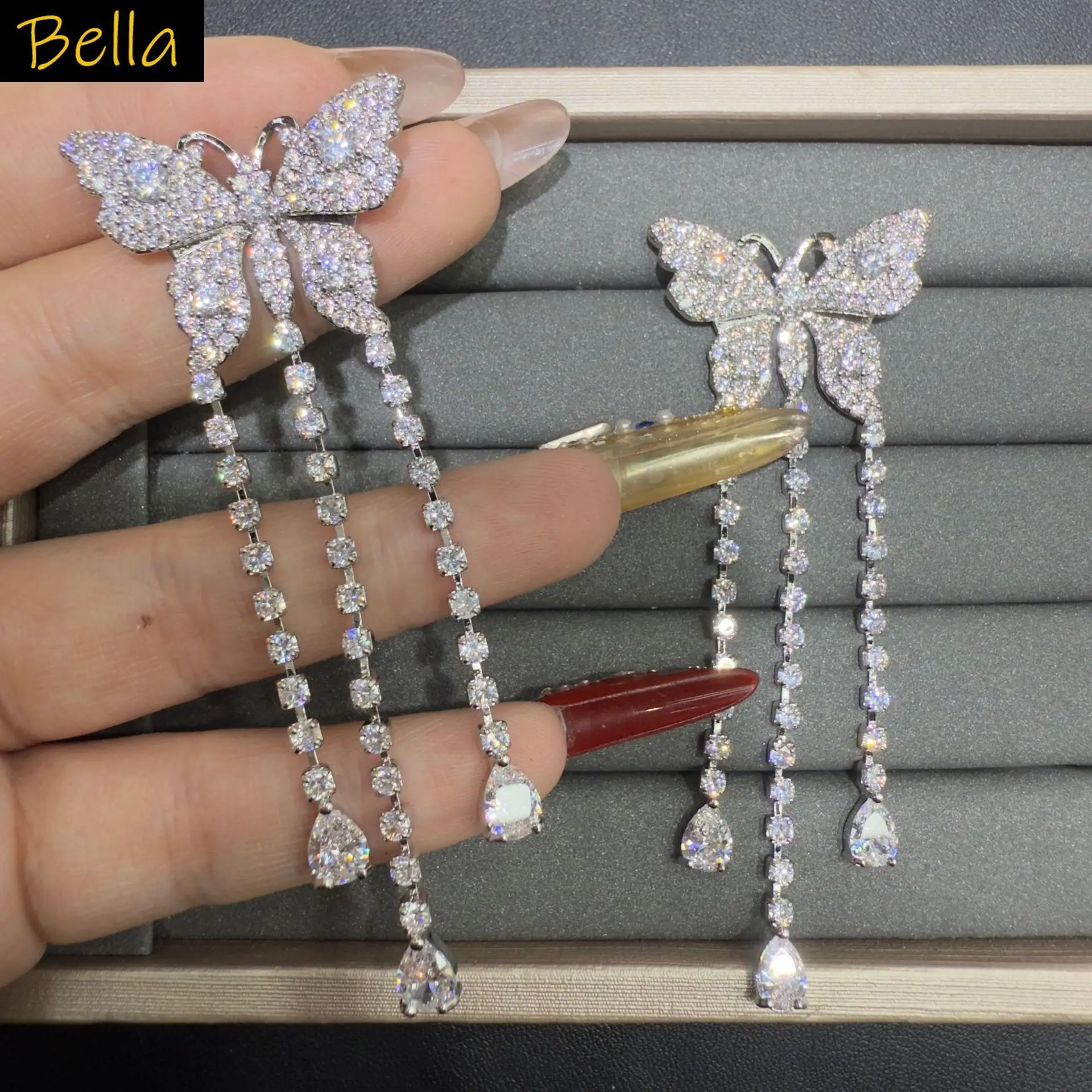 fashion cubic zirconia earrings for women shiny jewelry gala event party cute butterfly chain tassel dangling earrings long