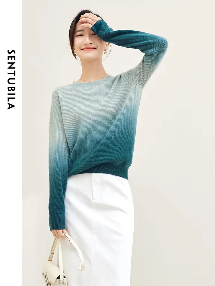 SENTUBILA Gradient Blue Wool Blend Winter Autumn Sweater Women 2024 Fashion Round Neck Long Sleeve Pullovers Knitwears Jumpers