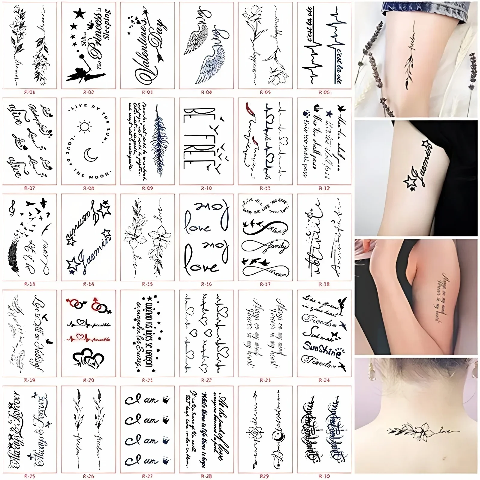 30pcs Fake Tatoo Waterproof Words Text Feather Long Lasting Water Transfer Fake Tattoos for Women Men Clavicle Neck Party Favors