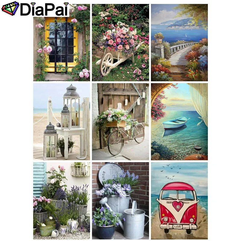 

DIAPAI 5D DIY Diamond Painting 100% Full Square/Round Drill "Flower car scenery" 3D Embroidery Cross Stitch Home Decor