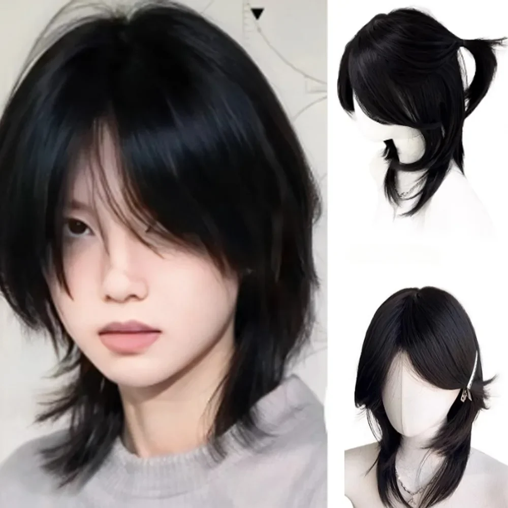 Czarna peruka krótka Cos japońskie anime peruka do cosplay 38cm fajne Sissy peruki z pałąkiem na głowę Punk wysokiej jakości peruki syntetyczne