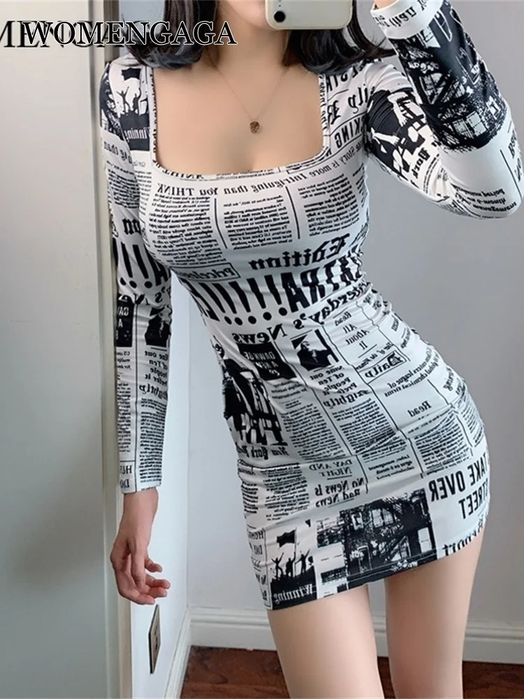 Hot-selling Printed Europe Newspaper Sexy Mini Dress 2020 Autumn New Fashion Street Shooting Slim Girl Female Square Collar ZW0