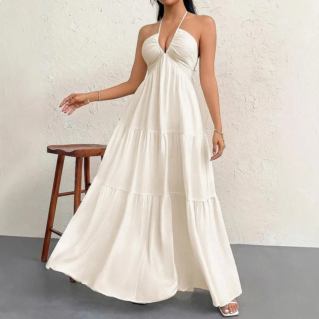 Women's White Backless V Neck A Line Dress Summer Beach Vacation Dresses