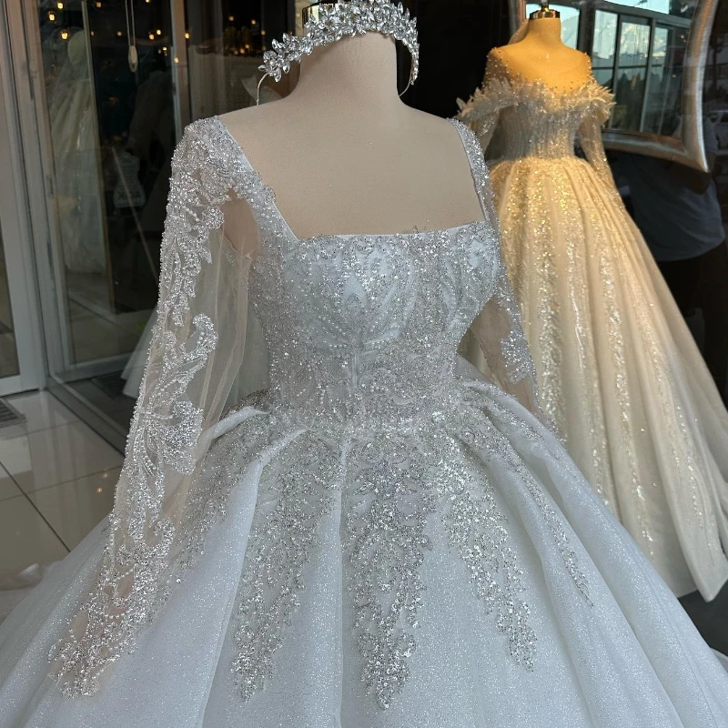 Luxury Square Collar Long Sleeves Ball Gown Wedding Dress 2024 Gorgeous Beading  Appliques Court Train Vintage Bridal Gown