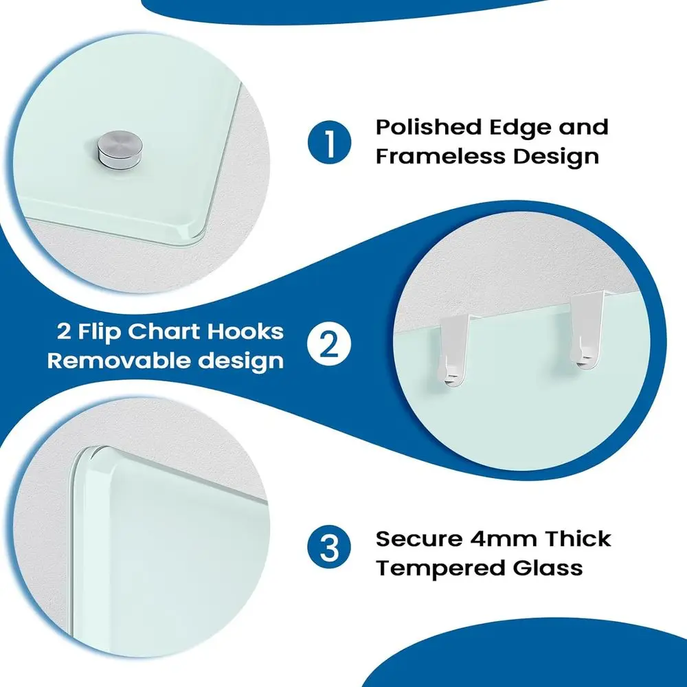 سبورة بيضاء من الزجاج المقسى مثبتة على الحائط مقاس 36 × 24 مع تصميم مغناطيسي بدون إطار للمنزل والمكتب والمدرسة