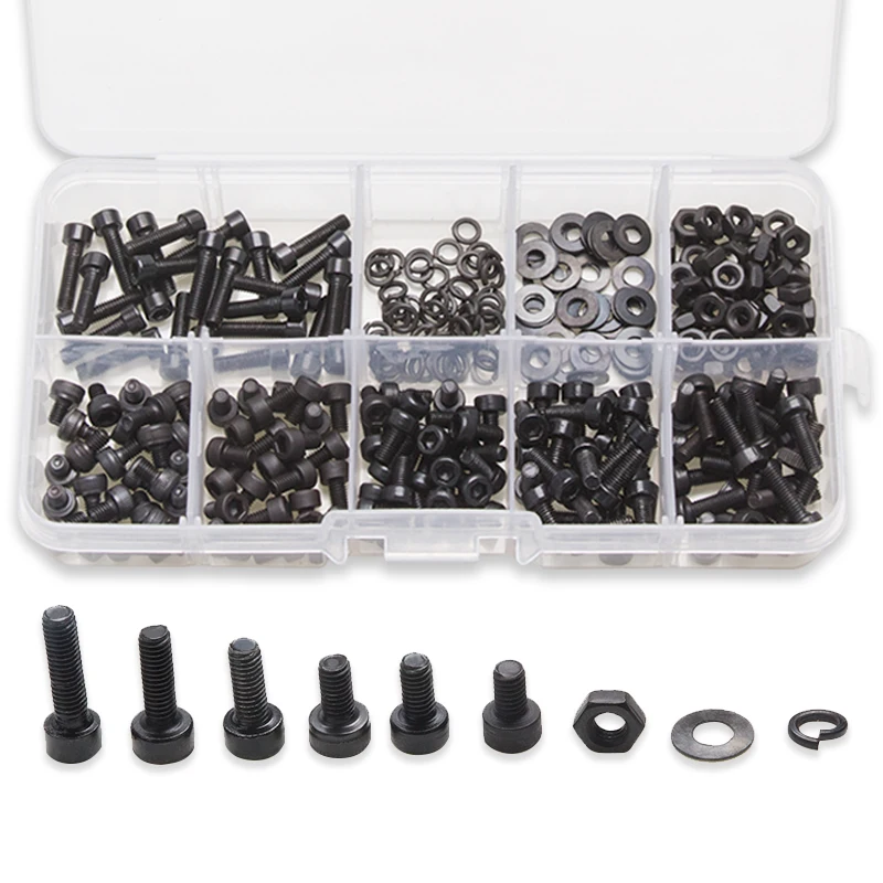 

300PCS Carbon Steel Black Column Hexagon Screw Bolts&Nut Flat Pad Washers Spring Washer Box Assortment Kit