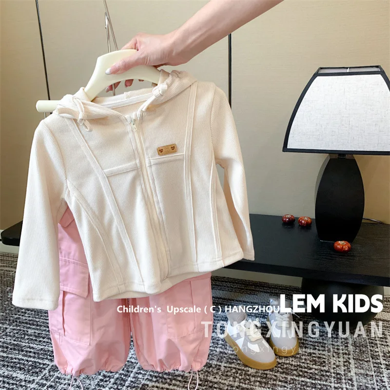 Baby Set Autumn New Korean Girls Hooded Sweatshirt Zipper Cardigan Jacket Work Pants Two-piece Set