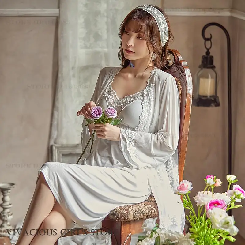 Elegant Female 2PCS Robe Set Nightgown Sexy Perspective Mesh Lace Bathrobe Nightdress Lingerie Court Style Sleepwear Home Dress