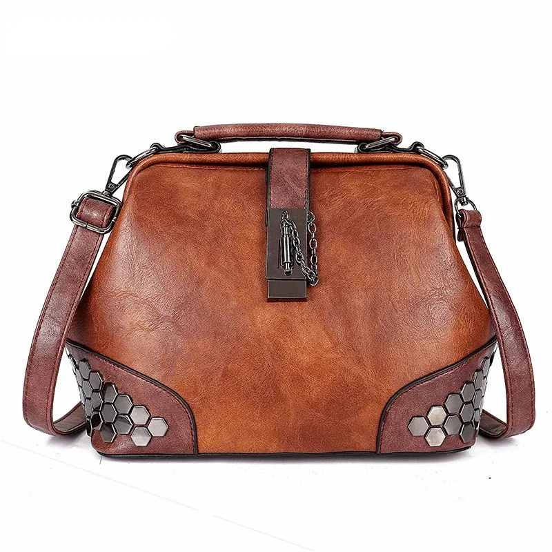 

New Women's Retro PU Leather Shoulder Fashion Lock Rivet Crossbody Exquisite Ladies Handbag Female Messenger Bag