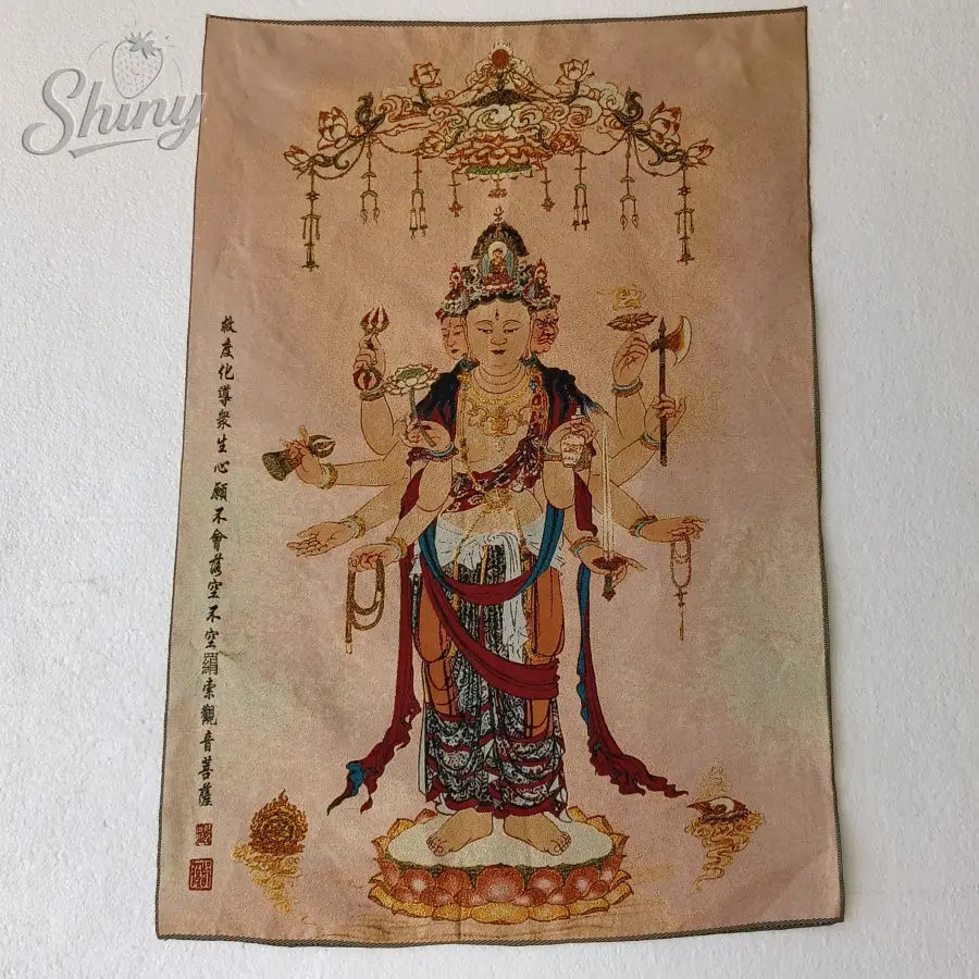 Avalokiteshvara Bodhisattva of Emptiness-Seeking Brocade Tibetan Tangka Embroidery Painting Gold Thread Embroidery Hanging Arts